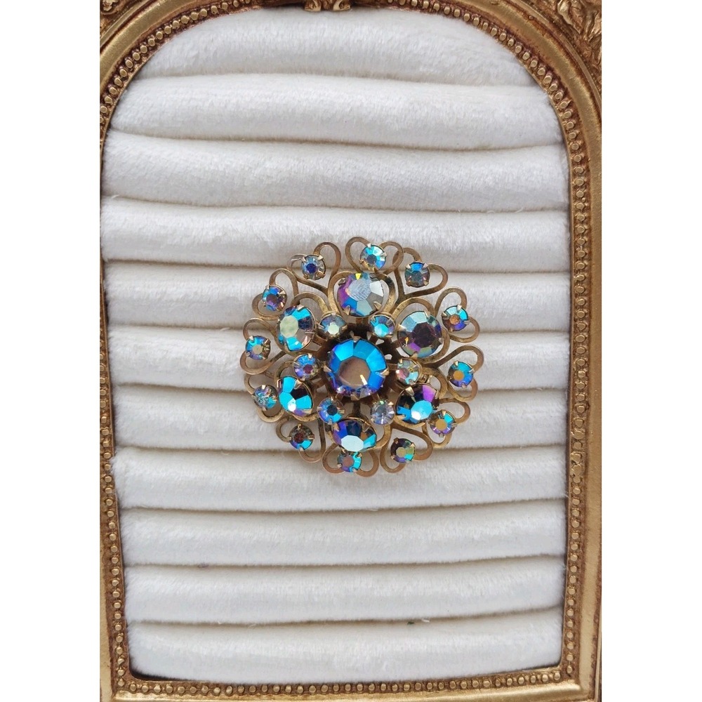 Aurora Borealis Rhinestone Brooch Gold Filigree Flower Grandmillennial Vintage - Picture 2 of 12